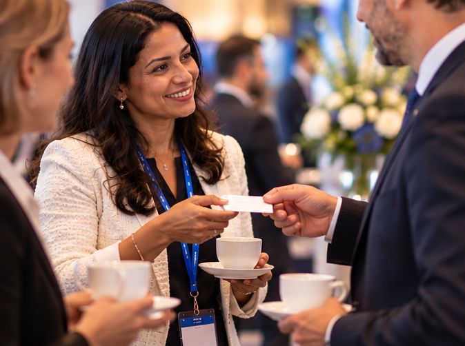 Two delegates exchanging business cards over coffee
