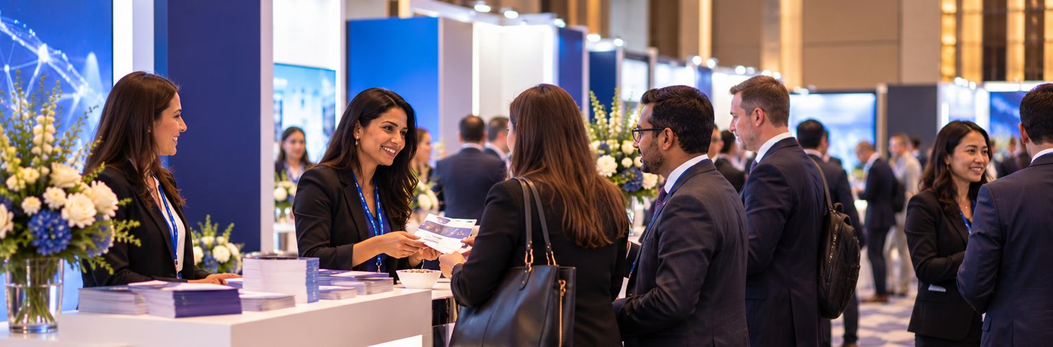 Partner team welcoming delegates at an exhibition stand