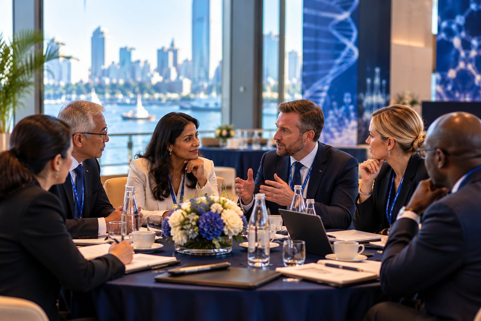 Senior leaders in discussion at an executive roundtable overlooking a waterfront